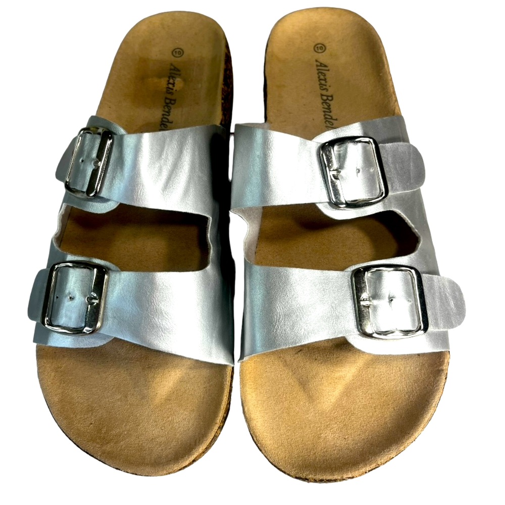Alexis Bendel Silver Double  Buckle Slip-on Wedge Slide Sandals. NWOT.